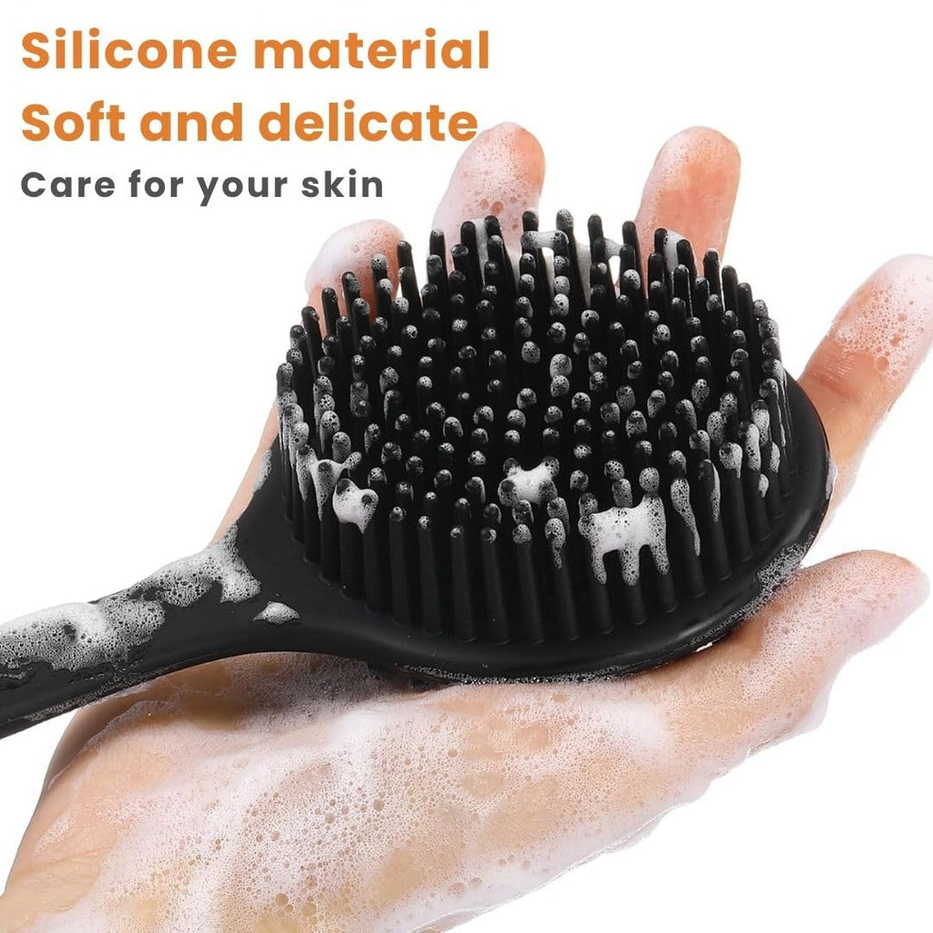 ANTIL'S 4-in-1 Soft Silicone Bath Brush Set | Long Handle Back Scrubber + Body Scrubber + Scalp Massager + Face Massager | Super Exfoliating & Lathering Shower Brush | BPA-Free | For Men & Women | With Free 3 Hook