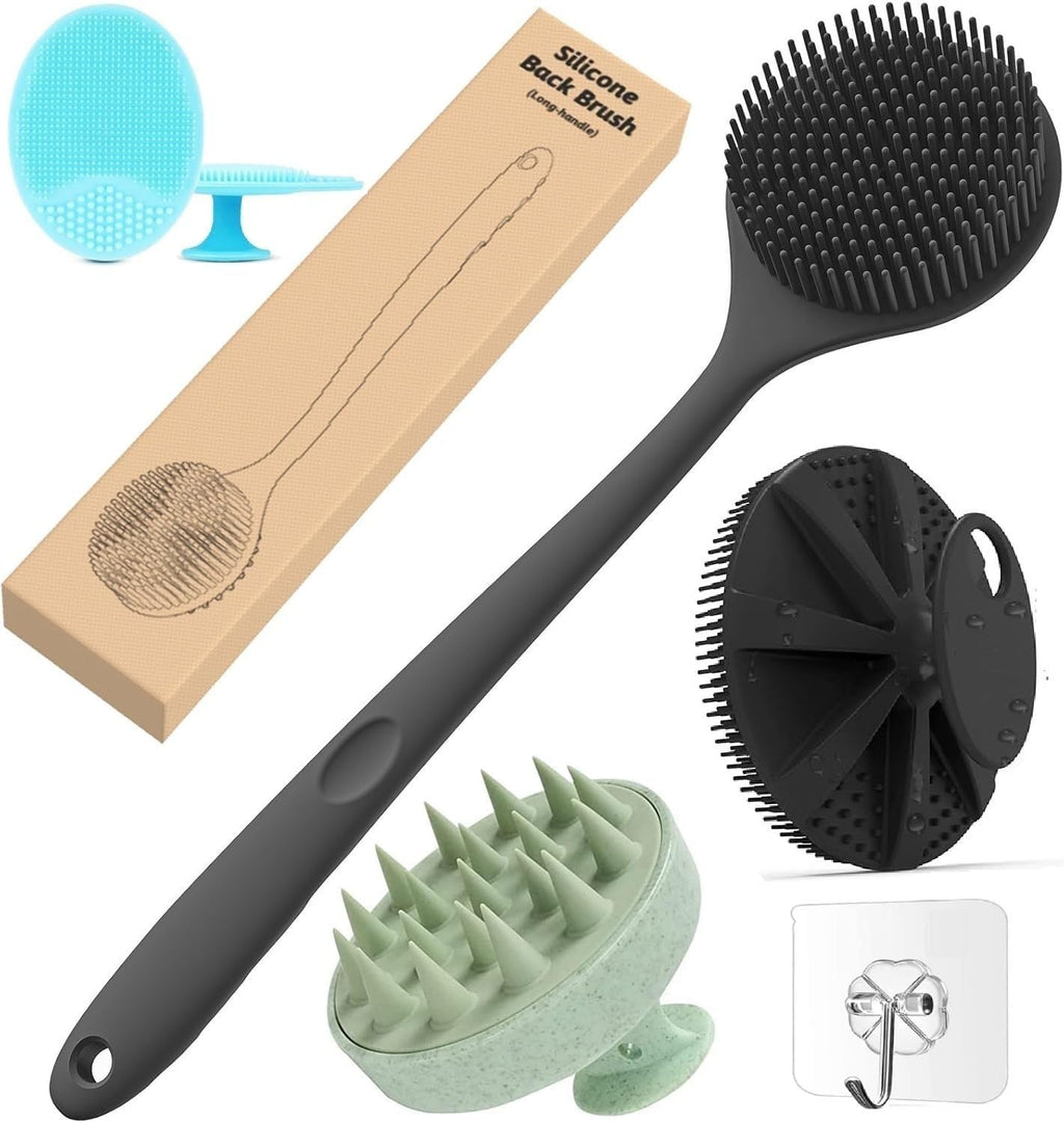 ANTIL'S 4-in-1 Soft Silicone Bath Brush Set | Long Handle Back Scrubber + Body Scrubber + Scalp Massager + Face Massager | Super Exfoliating & Lathering Shower Brush | BPA-Free | For Men & Women | With Free 3 Hook